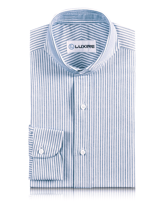 Front of the custom oxford shirt for men by Luxire in white with blue university stripes