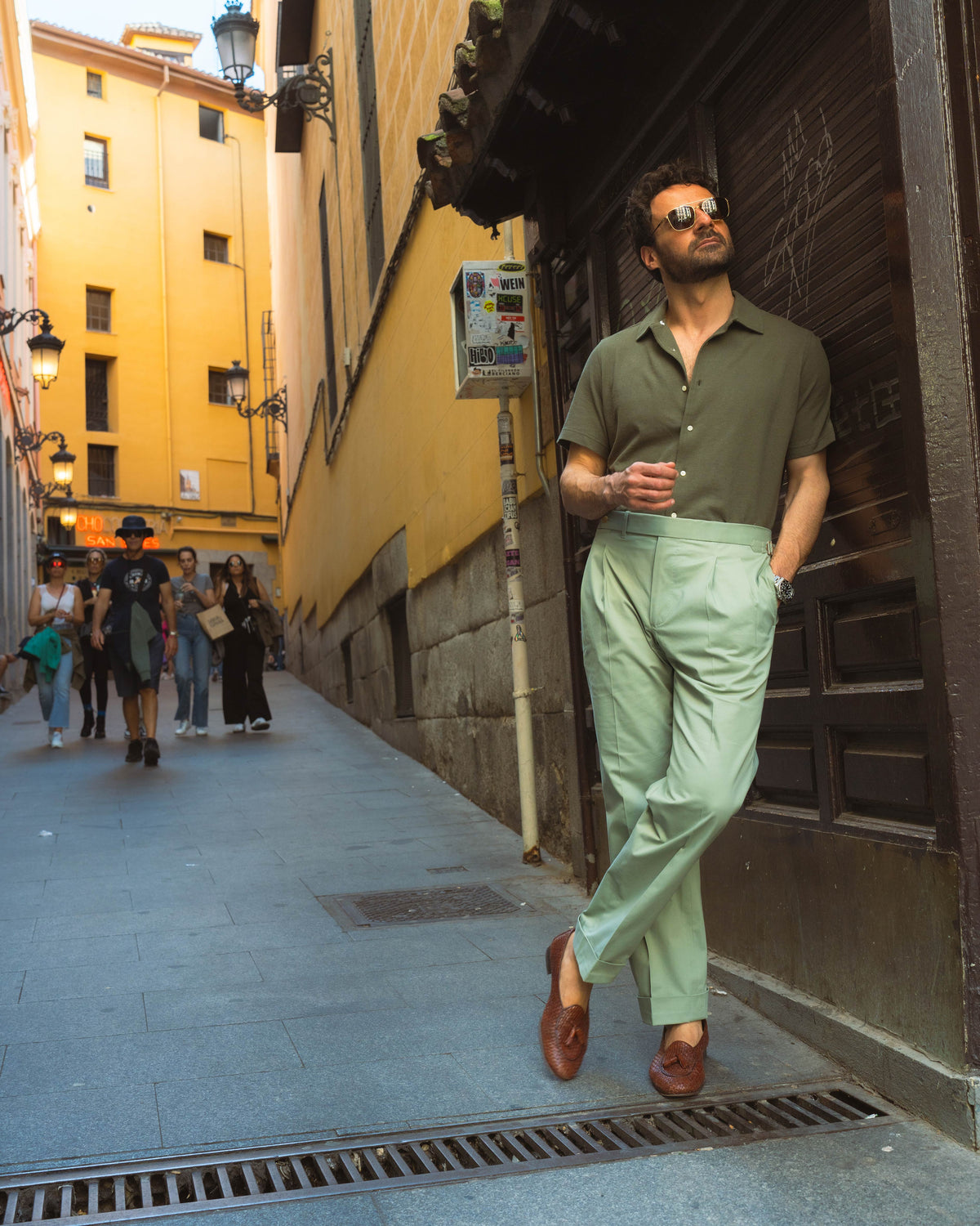 Olive Green Linen Cotton Camp Collar T-Shirt - 5