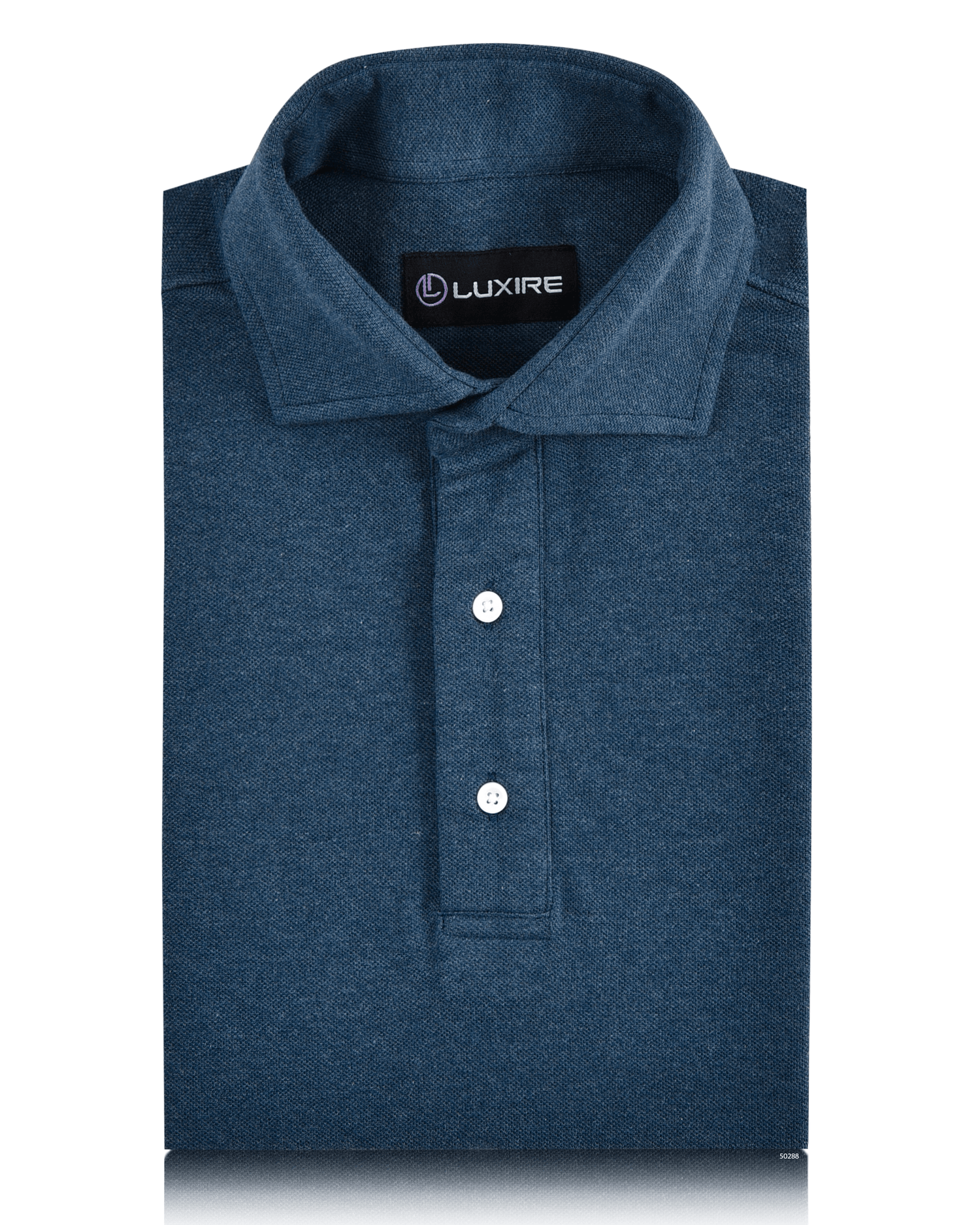 Front of the custom oxford polo shirt for men by Luxire in dark blue grey