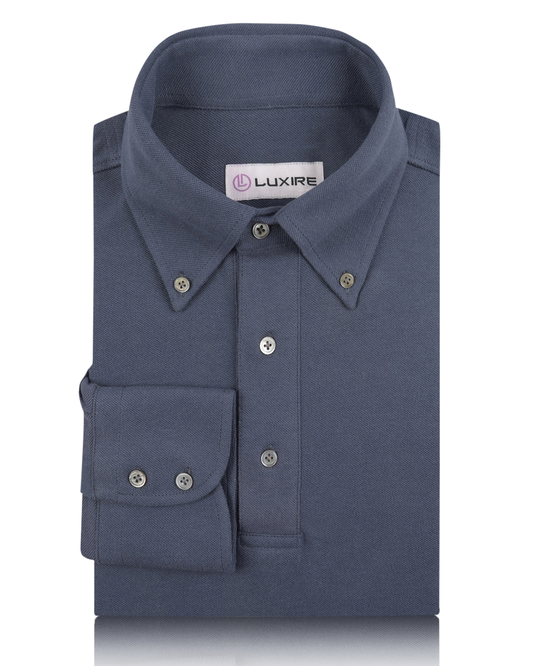 Front of the custom oxford polo shirt for men by Luxire in lead grey