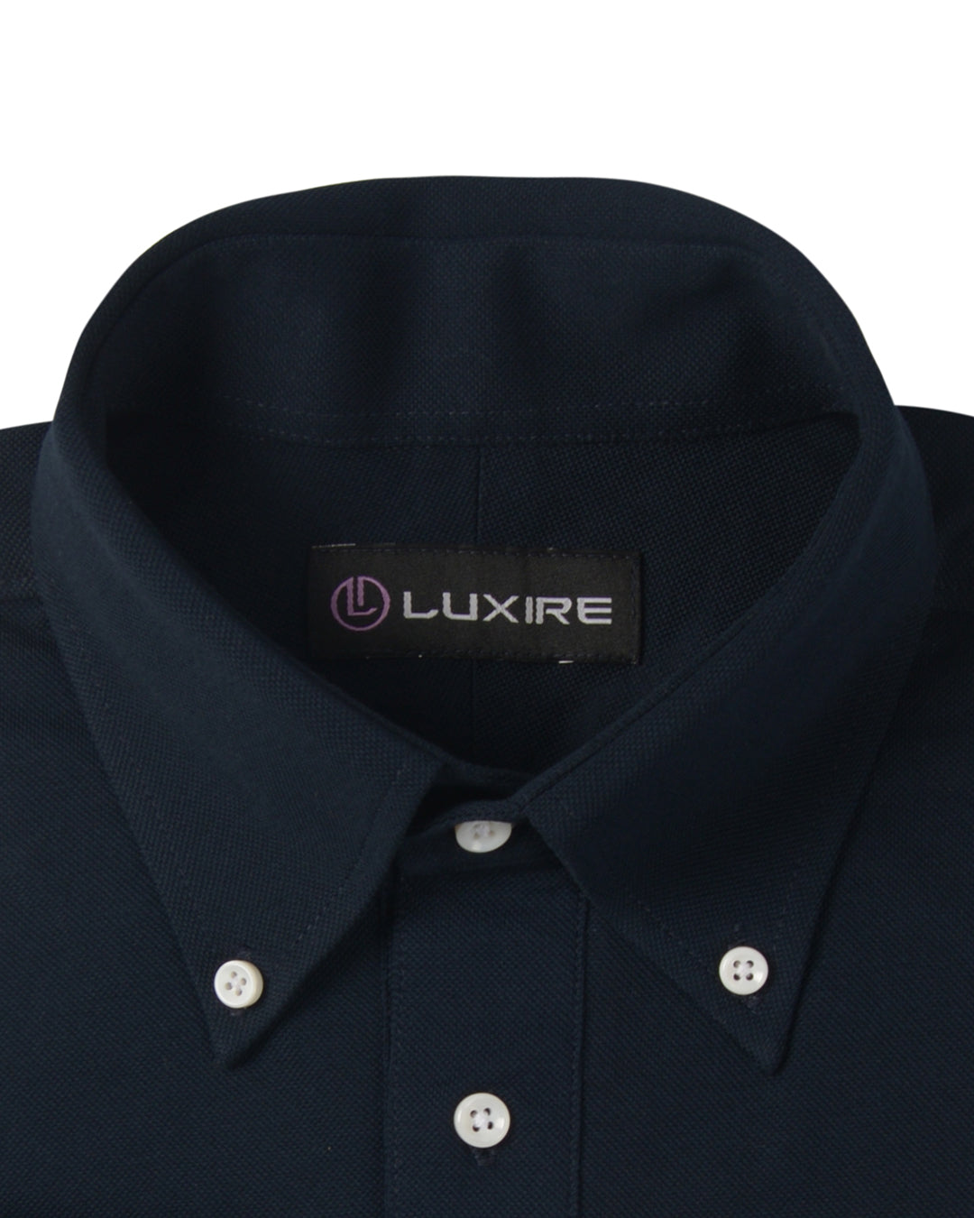 Collar of the custom oxford polo shirt for men by Luxire in midnight navy