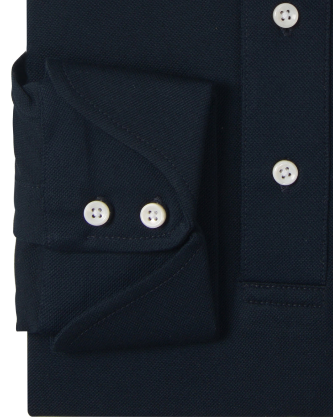 Cuff of the custom oxford polo shirt for men by Luxire in midnight navy