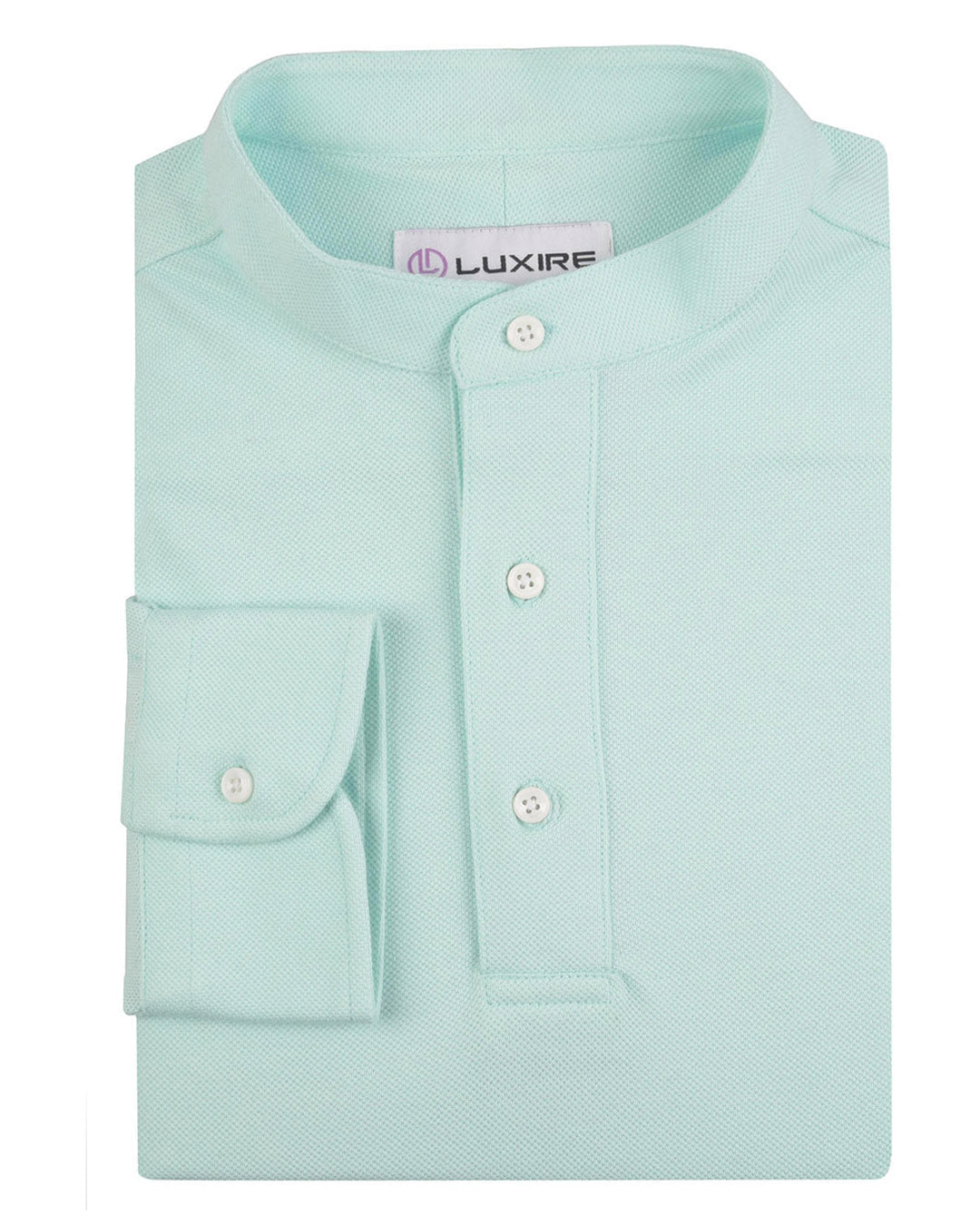 Front of the custom oxford polo shirt for men by Luxire in mid blue