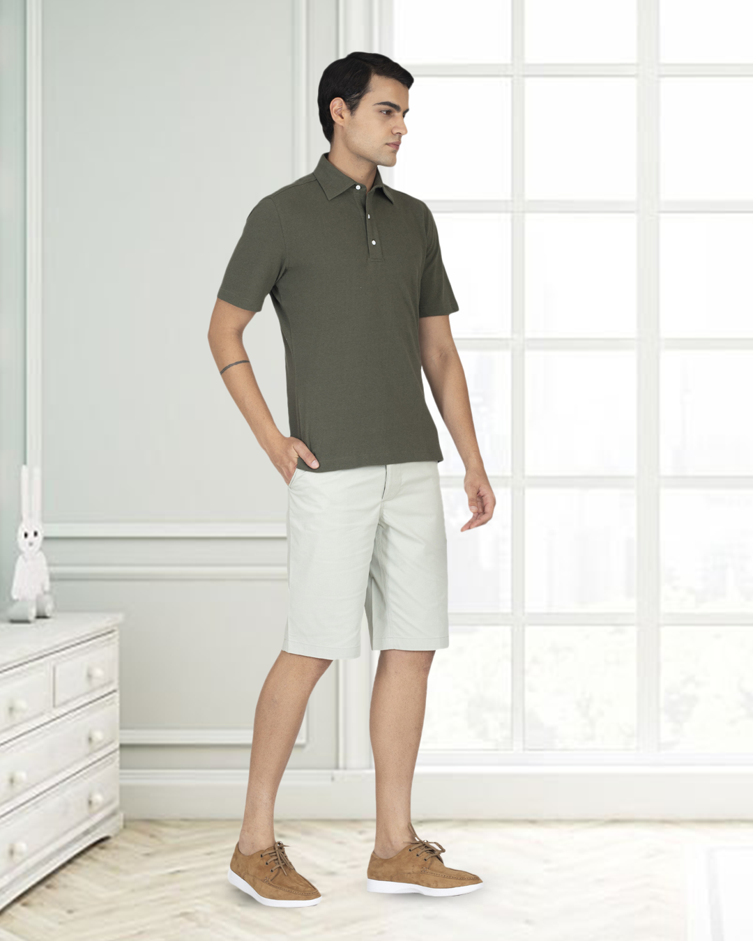 Olive Green Linen Cotton Polo T-Shirt - 5