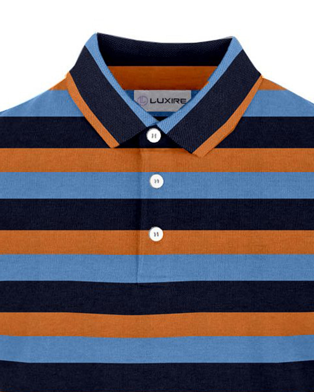 Collar of the custom oxford polo shirt for men by Luxire with navy blue and orange stripes