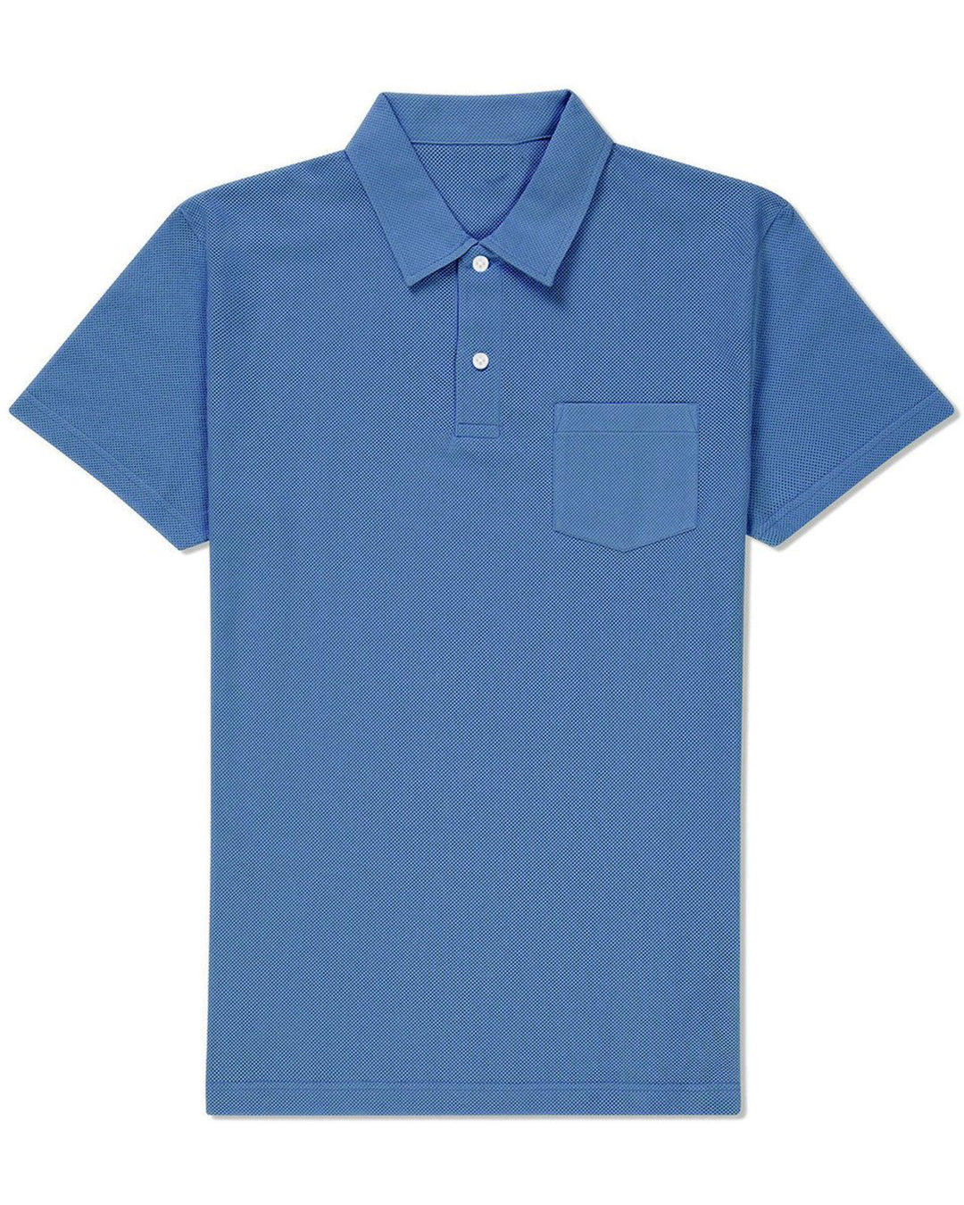 Front of the custom oxford polo shirt for men by Luxire in steel blue