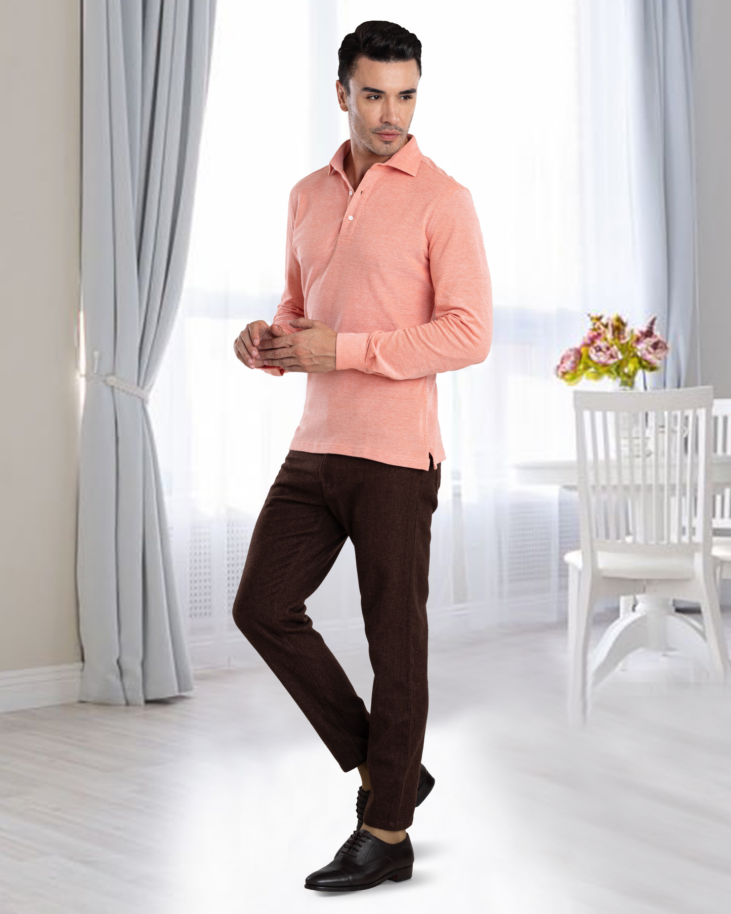 Model wearing mens wool jeans by Luxire in brown 3