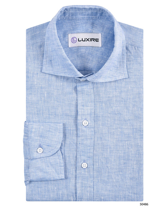 Front of the custom linen shirt for men in 60s light blue by Luxire Clothing