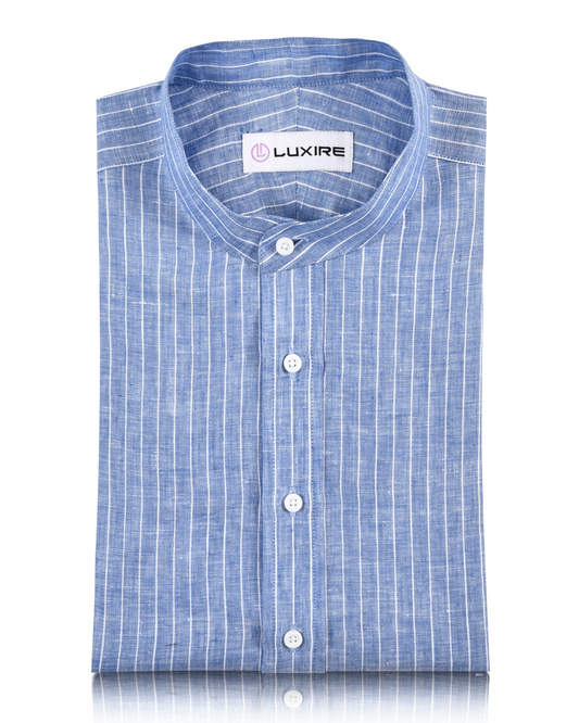 Front of the custom linen shirt for men in blue with white chalk stripes by Luxire Clothing