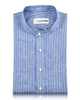 Front of the custom linen shirt for men in blue with white chalk stripes by Luxire Clothing