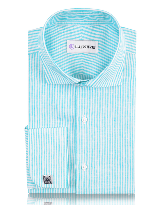 Front view of custom linen shirt for men by Luxire in blue with white stripes
