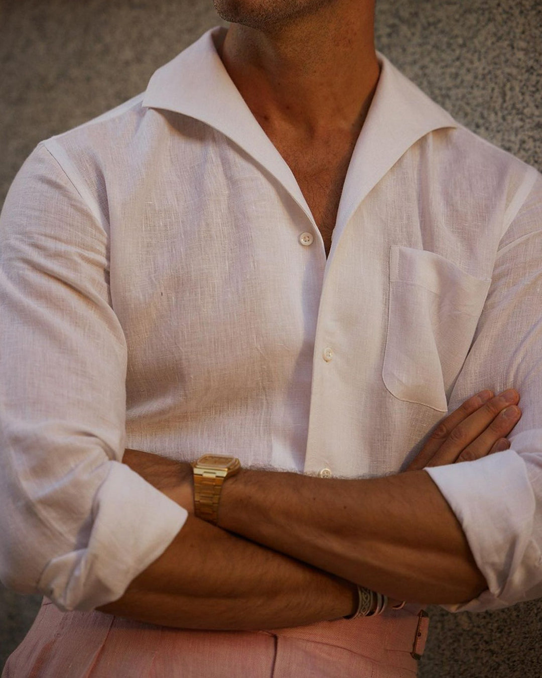 Summer Shirt in Crisp White Linen with one piece collar placket - 1