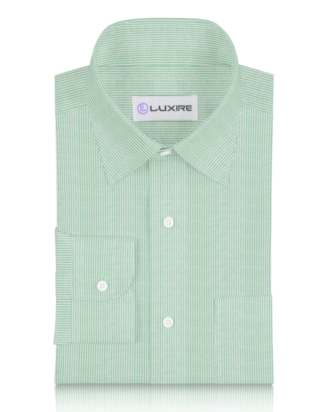 Close up of the custom linen shirt for men in green dress stripes by Luxire Clothing