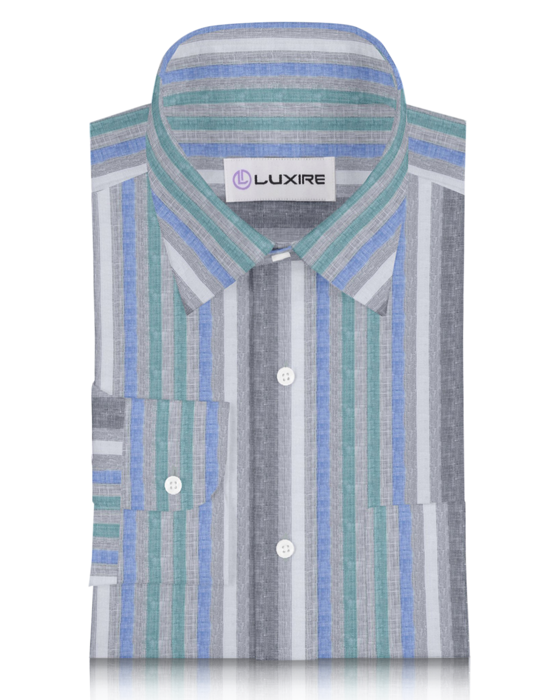 Linen: Green Blue White Tape Stripes On Grey Madras Shirt - 1