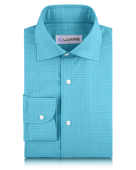 Front of the custom linen shirt for men in light blue with white checks by Luxire Clothing