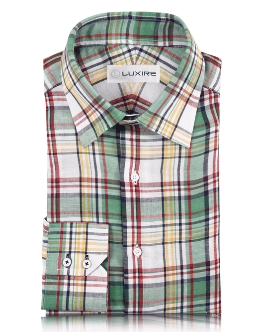 Front of the custom linen shirt for men in multi-coloured checks by Luxire Clothing