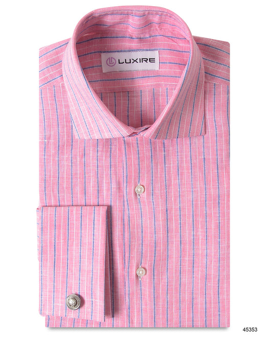 Close up of the custom linen shirt for men in pink and blue stripes by Luxire Clothing