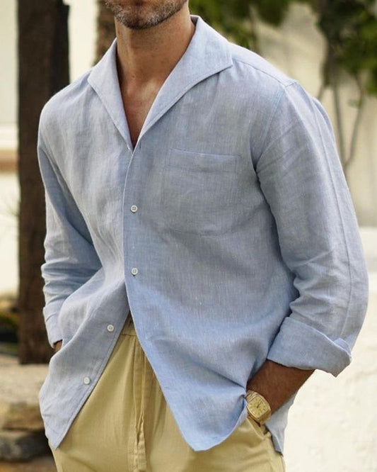 Model wearing the custom linen shirt for men in powder blue by Luxire Clothing
