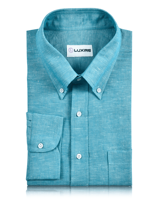 Front of the custom linen shirt for men in turquiose blue chambray by Luxire Clothing