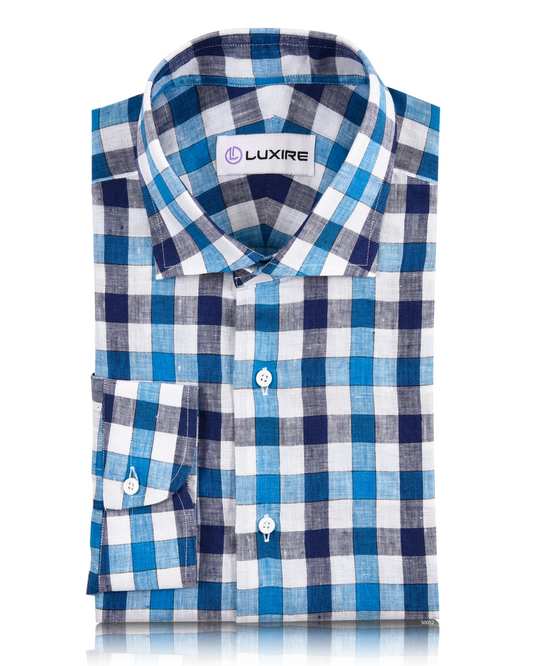 Front view of custom linen shirt for men in white blue navy gingham