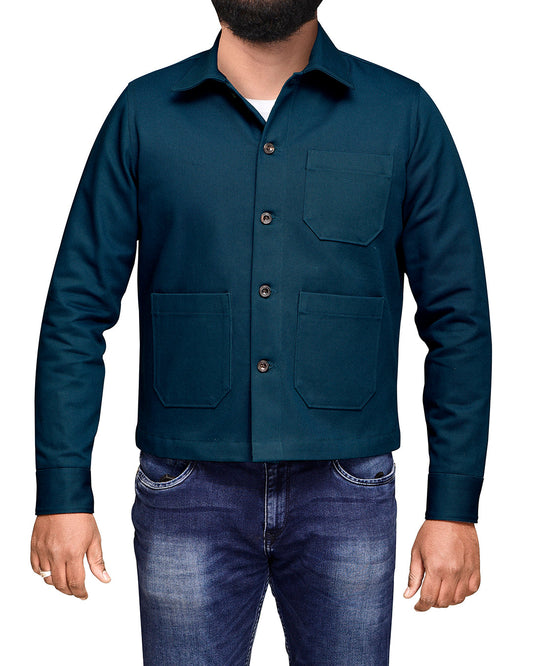 Model wearing the twill shirt jacket for men by Luxire in dark teal