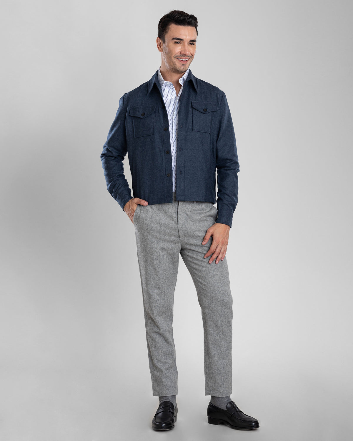 Dugdale Navy Blue Wool Flannel Shirt Jacket - 2