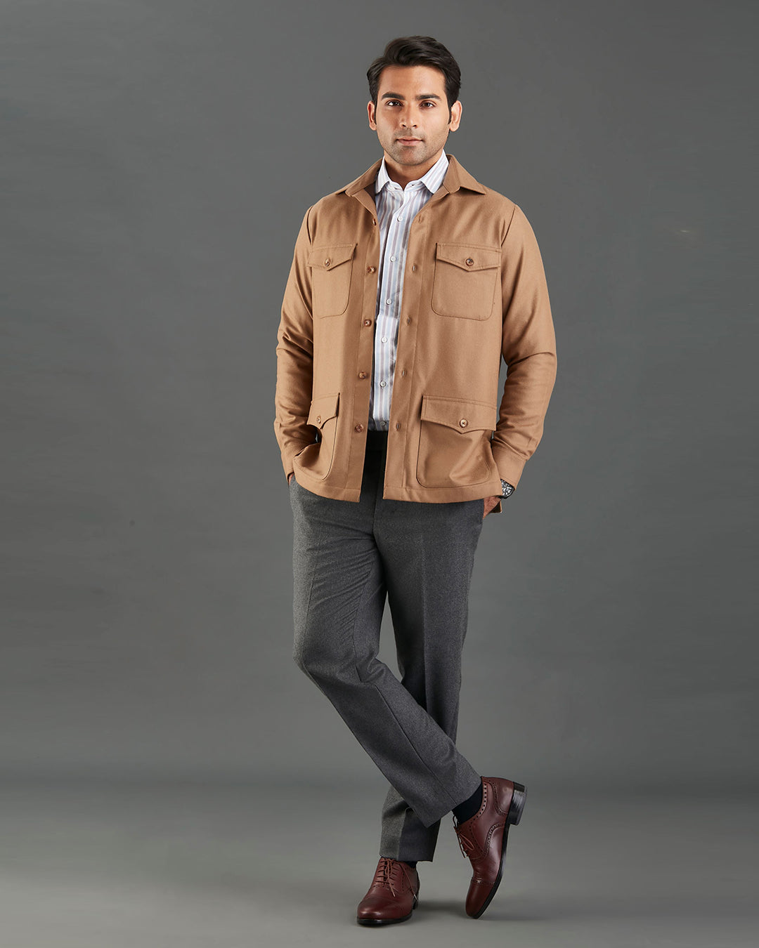 VBC: Sand Woolen Flannel Shirt Jacket - 2