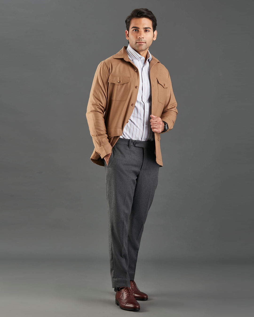VBC: Sand Woolen Flannel Shirt Jacket - 3
