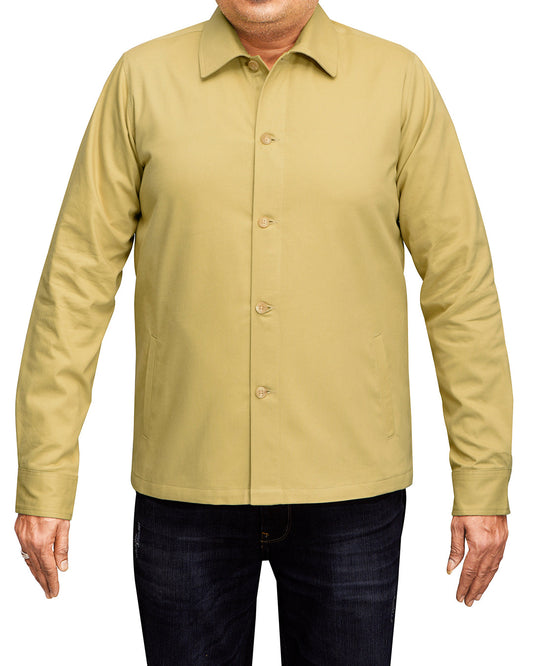 Model wearing the twill shirt jacket for men by Luxire in mellow mustard