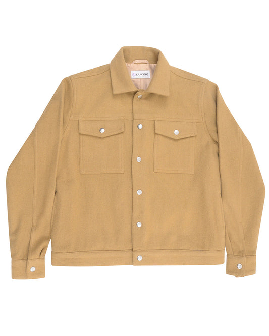 Front of the recycled wool shirt jacket for men by Luxire in camel