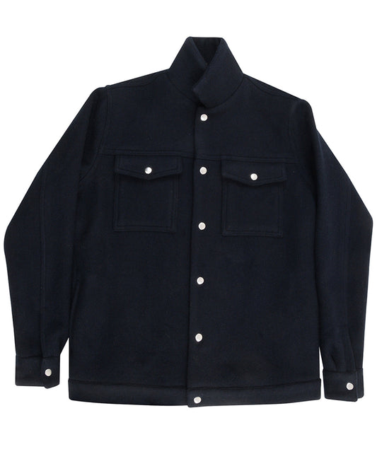 Front of the wool shirt jacket for men by Luxire in navy