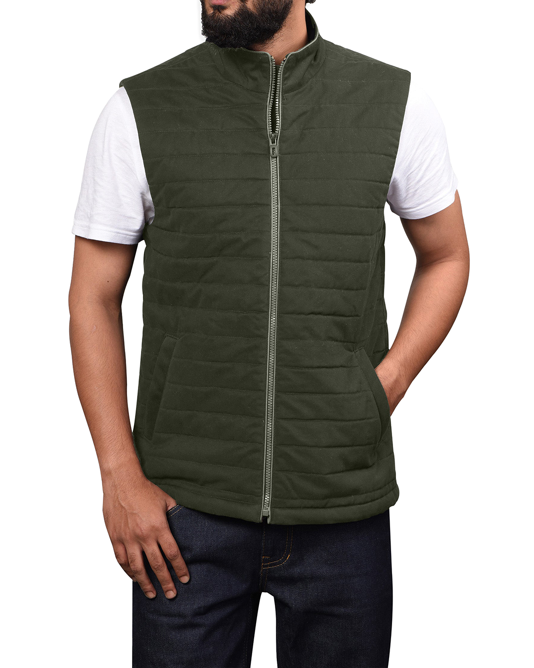 Quilted Gilets in Castor Green Twill - 1