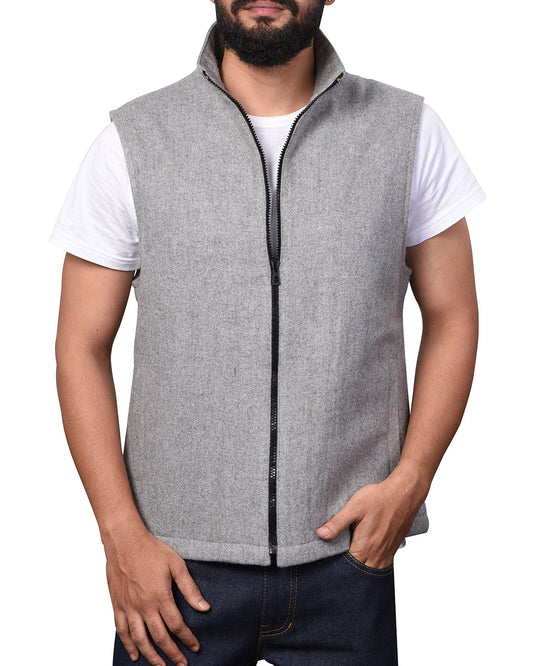 Model wearing the wool flannel vest for men by Luxire in grey