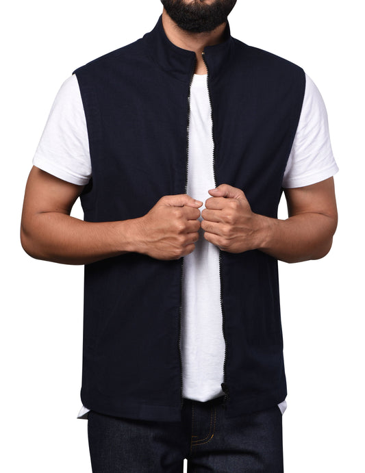 Model wearing mens Vest in Navy Light Moleskin for men by Luxire
