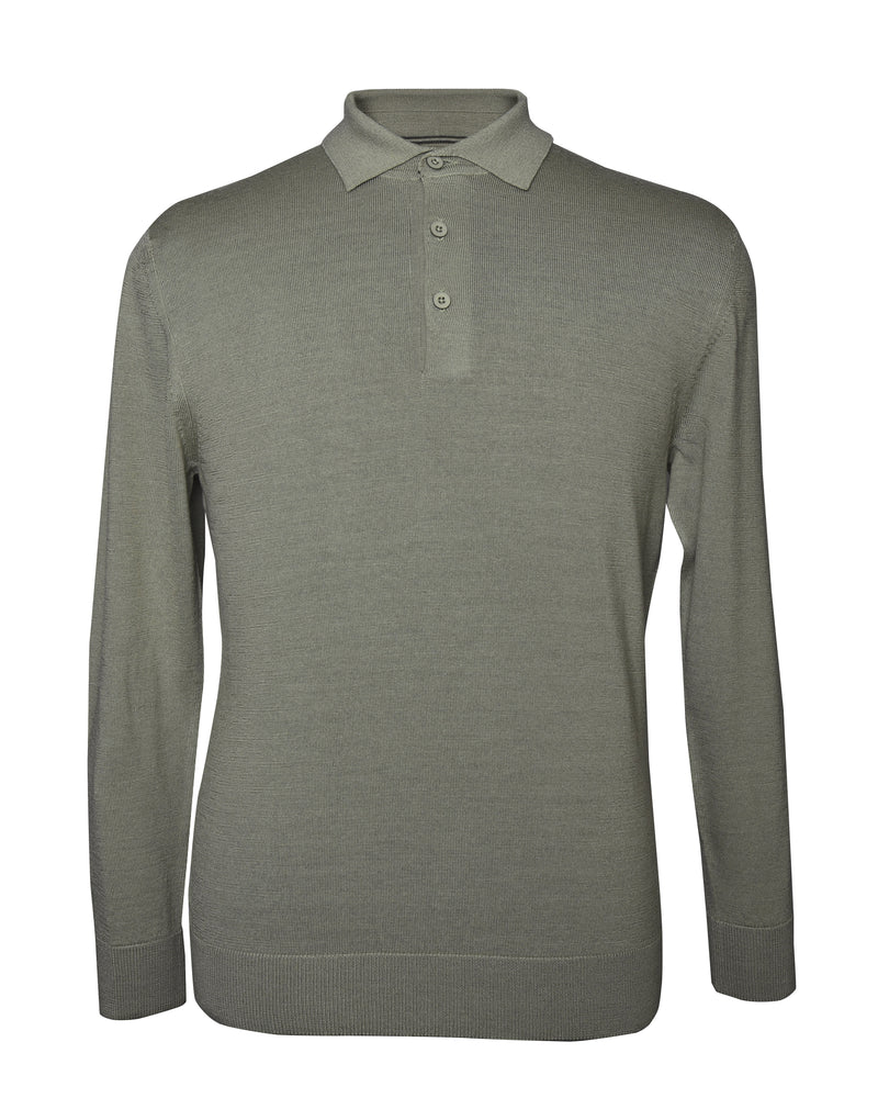 EZS Merino Wool Pale Olive  Long Sleeve Polo