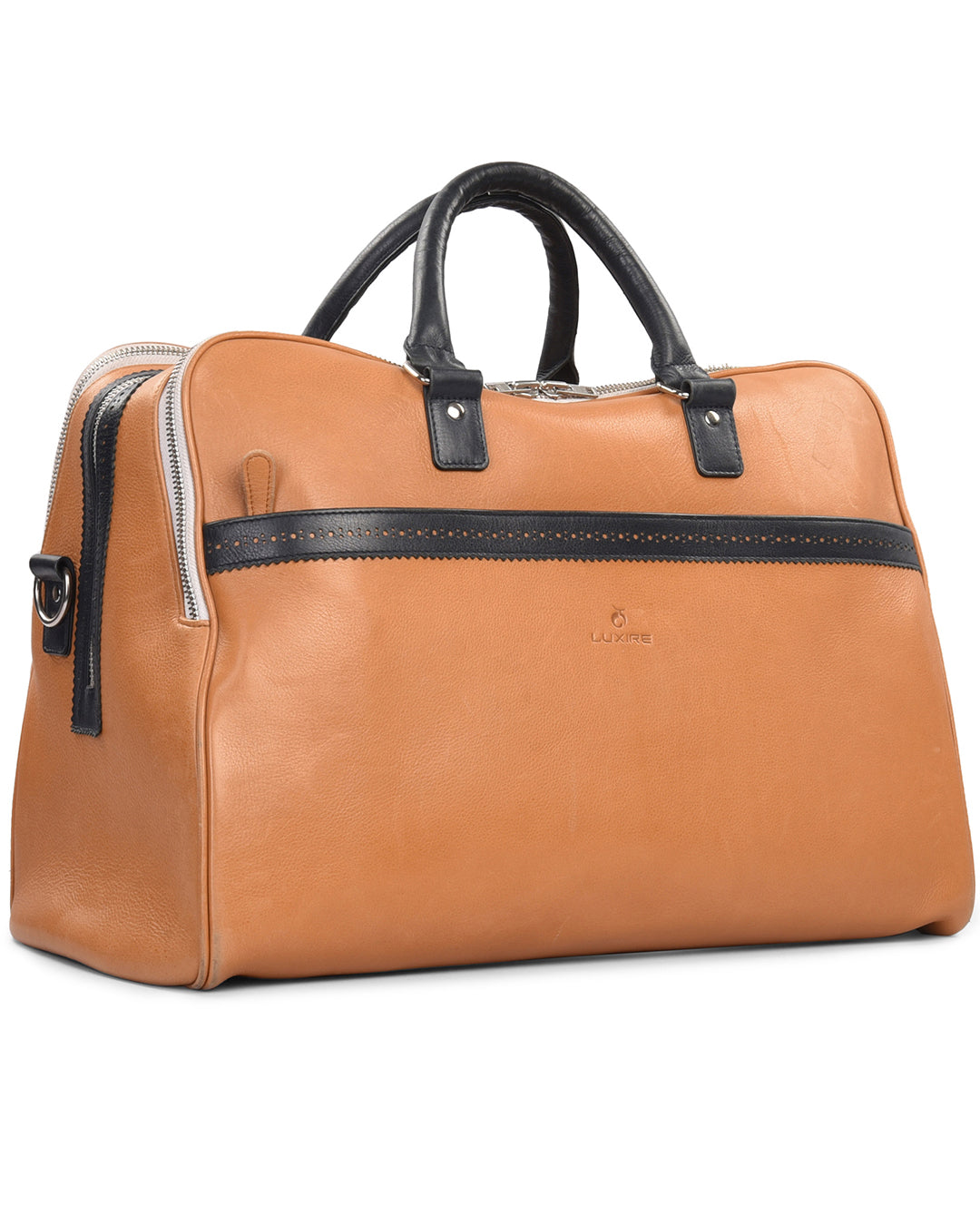 Large Travel Bag in Tan Calf Leather With Navy Trims - 2