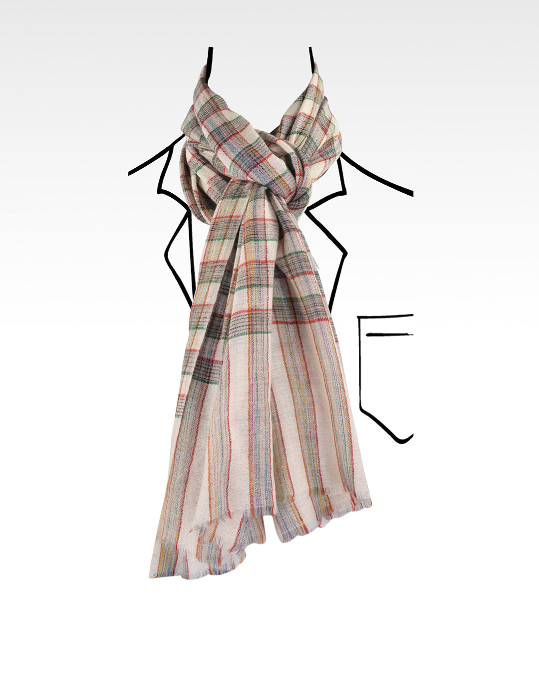 Pashmina Cashmere Wool Scarf Cream Red Green Checks - 1