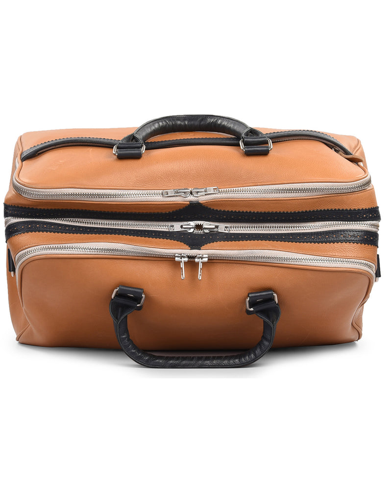 Large Travel Bag in Tan Calf Leather With Navy Trims