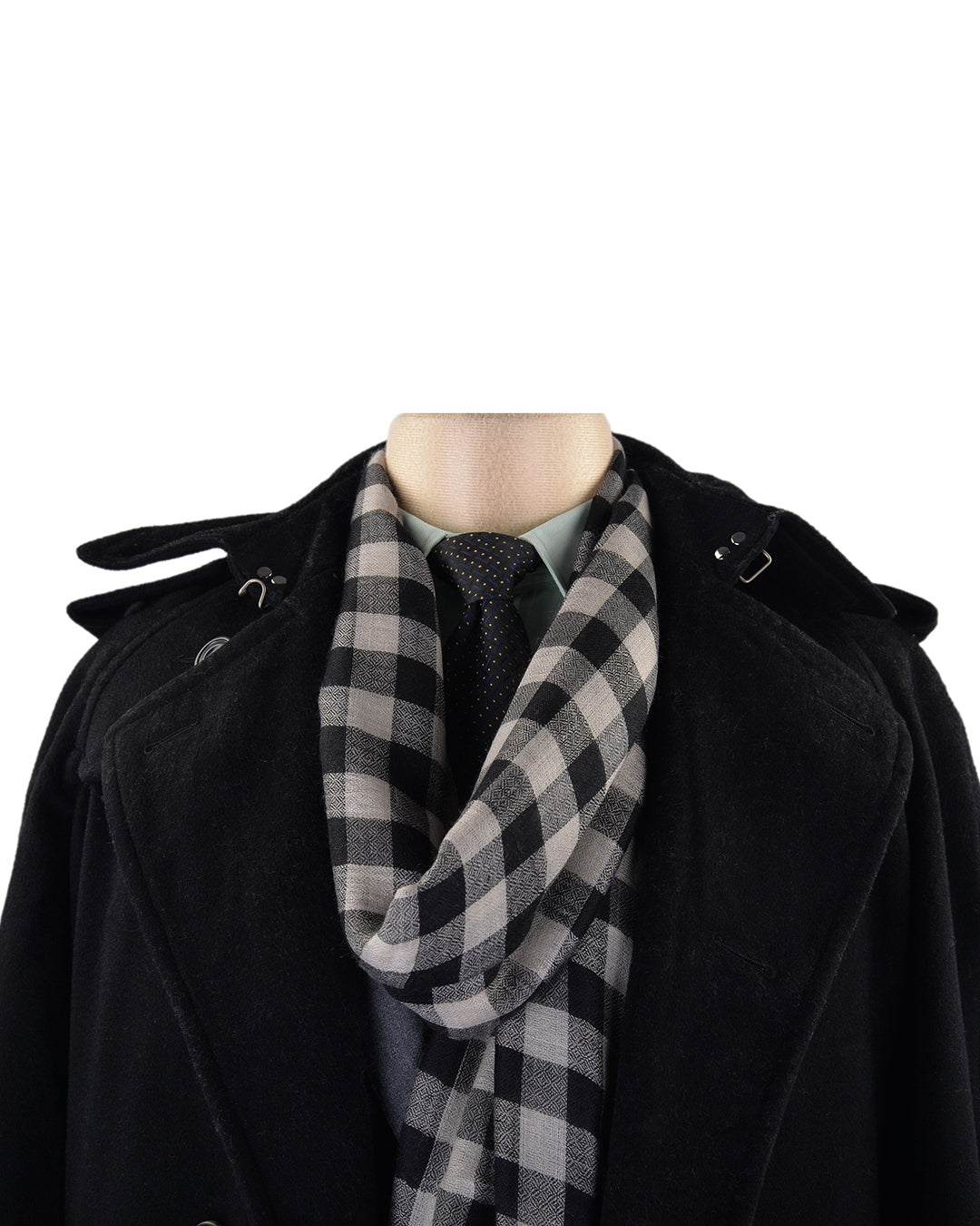 Pashmina Cashmere Wool Scarf Black Off-white Checks - 2