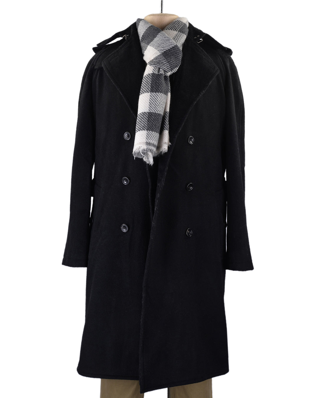 Cashmere Wool Scarf Black White Bold Checks Twill - 2