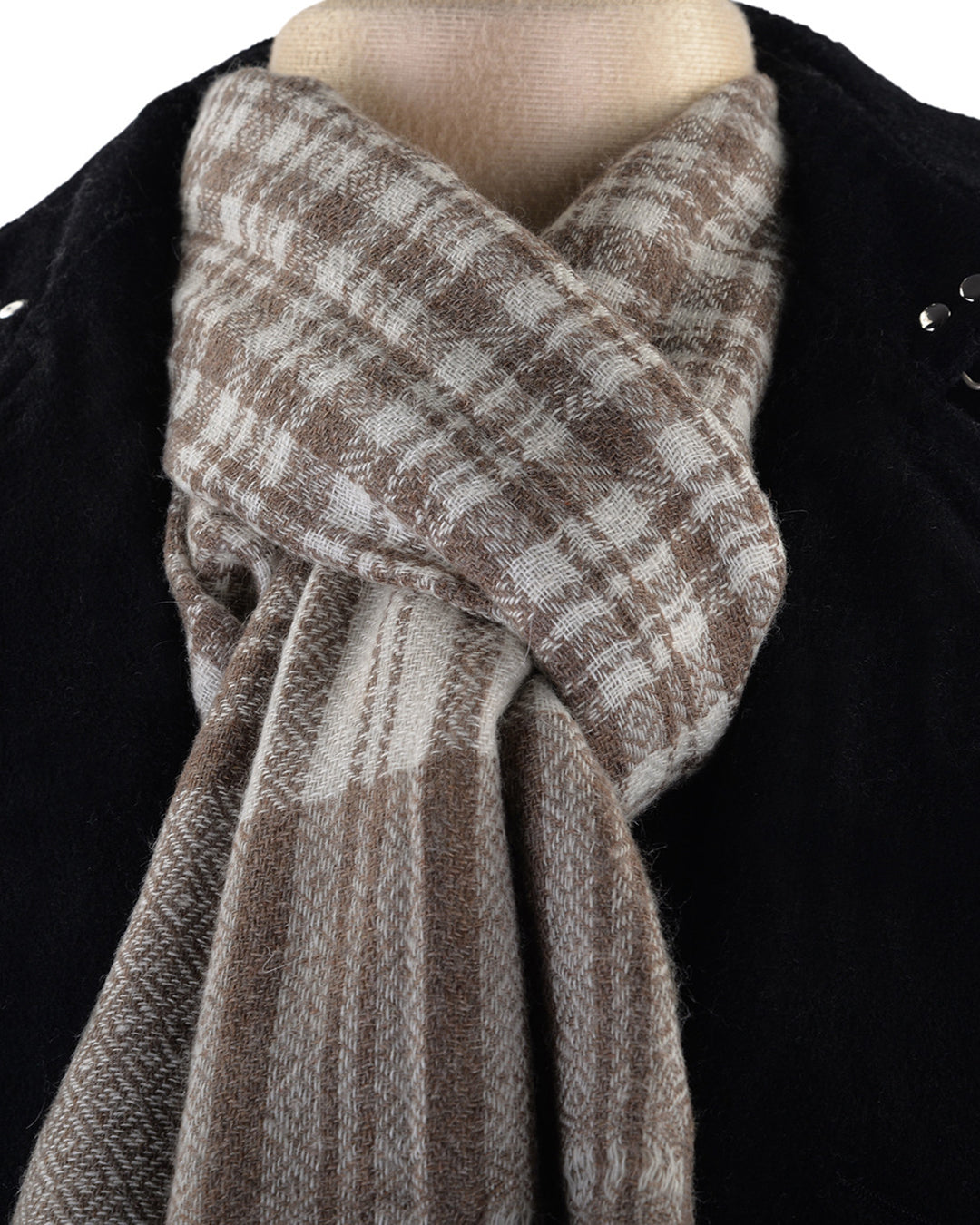 Cashmere Wool Scarf Brown Off-White Checks With Self Design - 2