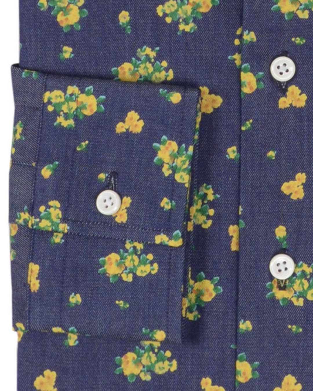 Indigo Denim Printed Green Yellow Flowers - 3