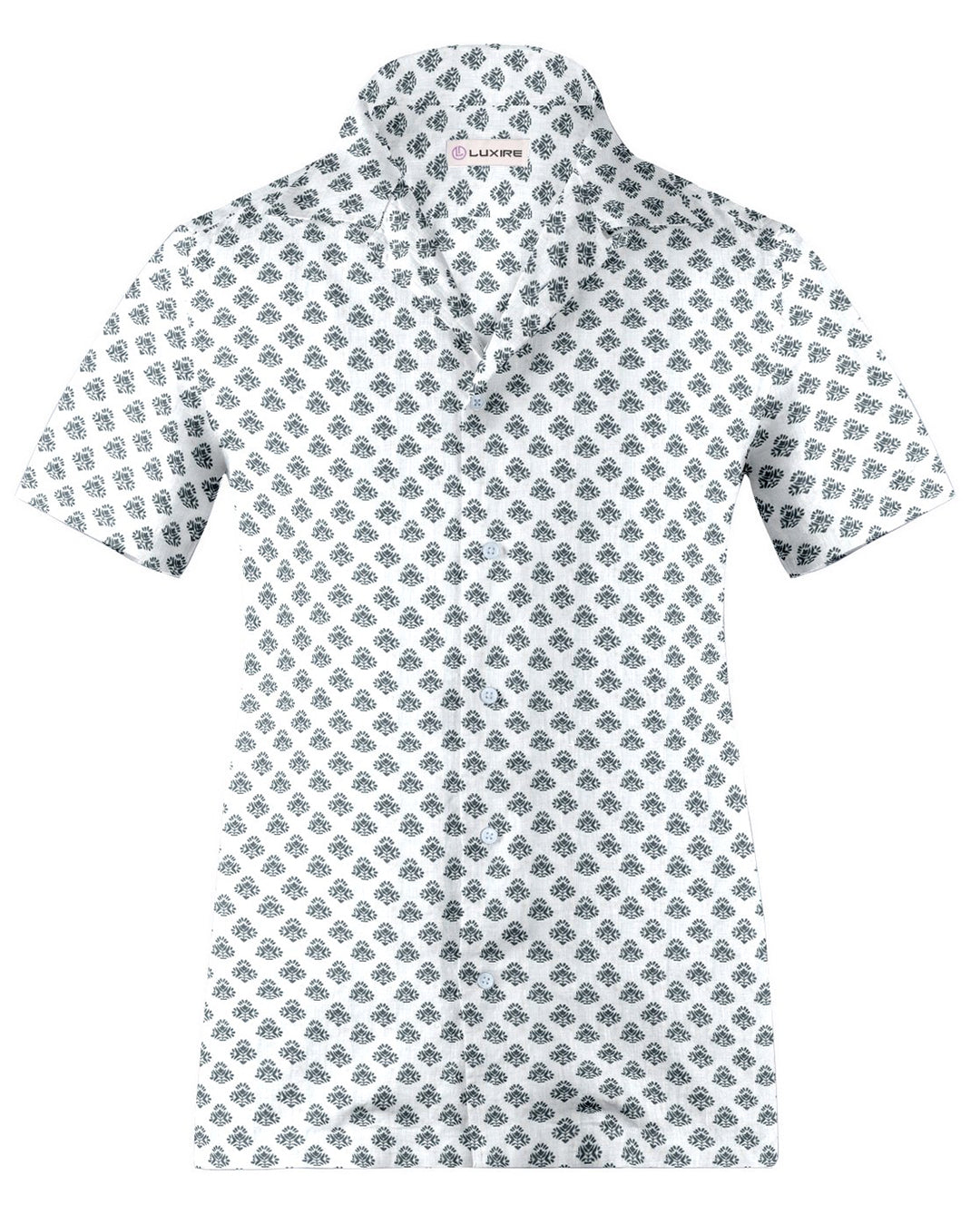 Camp collar PRESET STYLE in Linen:Black Flowers Printed on White Linen - 1