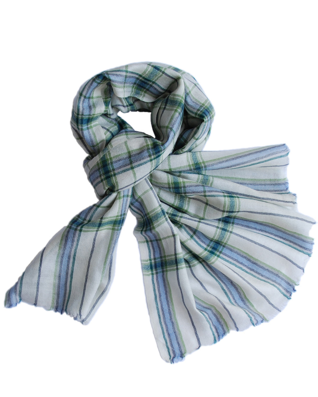 Pure Cashmere Scarf - Green Blue Cream Plaid - 1