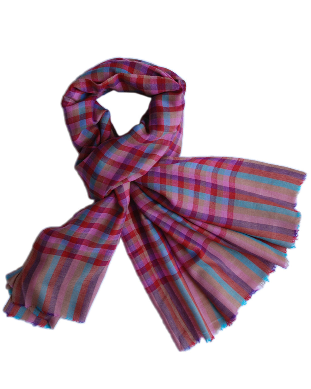 Pure Cashmere Scarf - Red Pink Blue Gingham